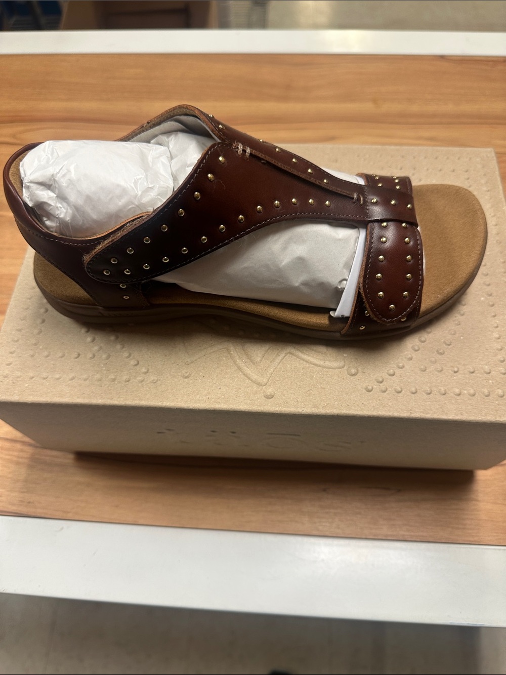 Taos Showstopper Women's Studded Cognac Color Leather Slide Sandals - Picture 3 of 11